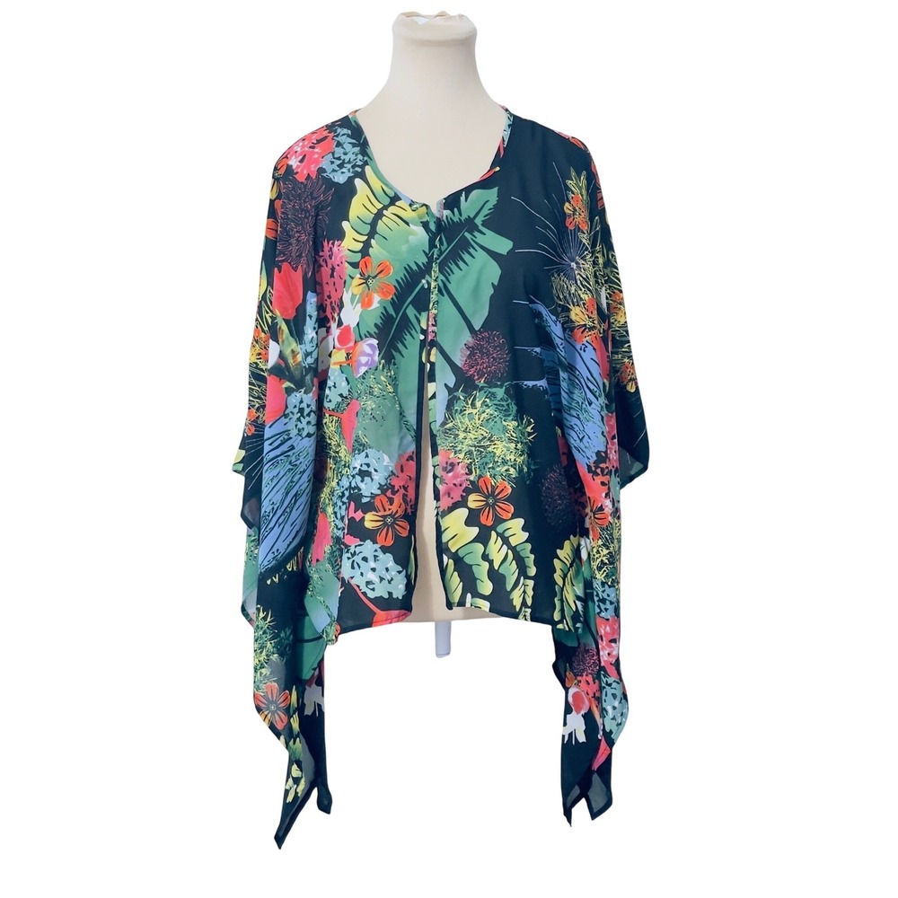 Women Black Floral Tropical Cover-Up One Size Kaftan Kimono Wrap Artsy  Boho